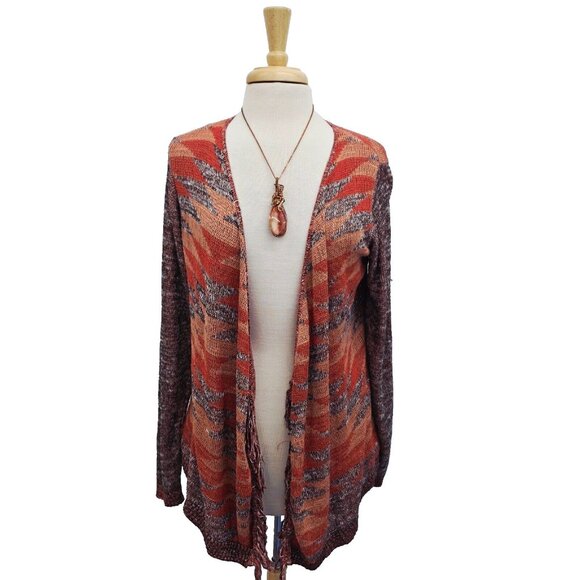 Maurices Open Front Cardigan Sweater Womens Size M Fringe Orange Brown Aztec - Picture 1 of 15